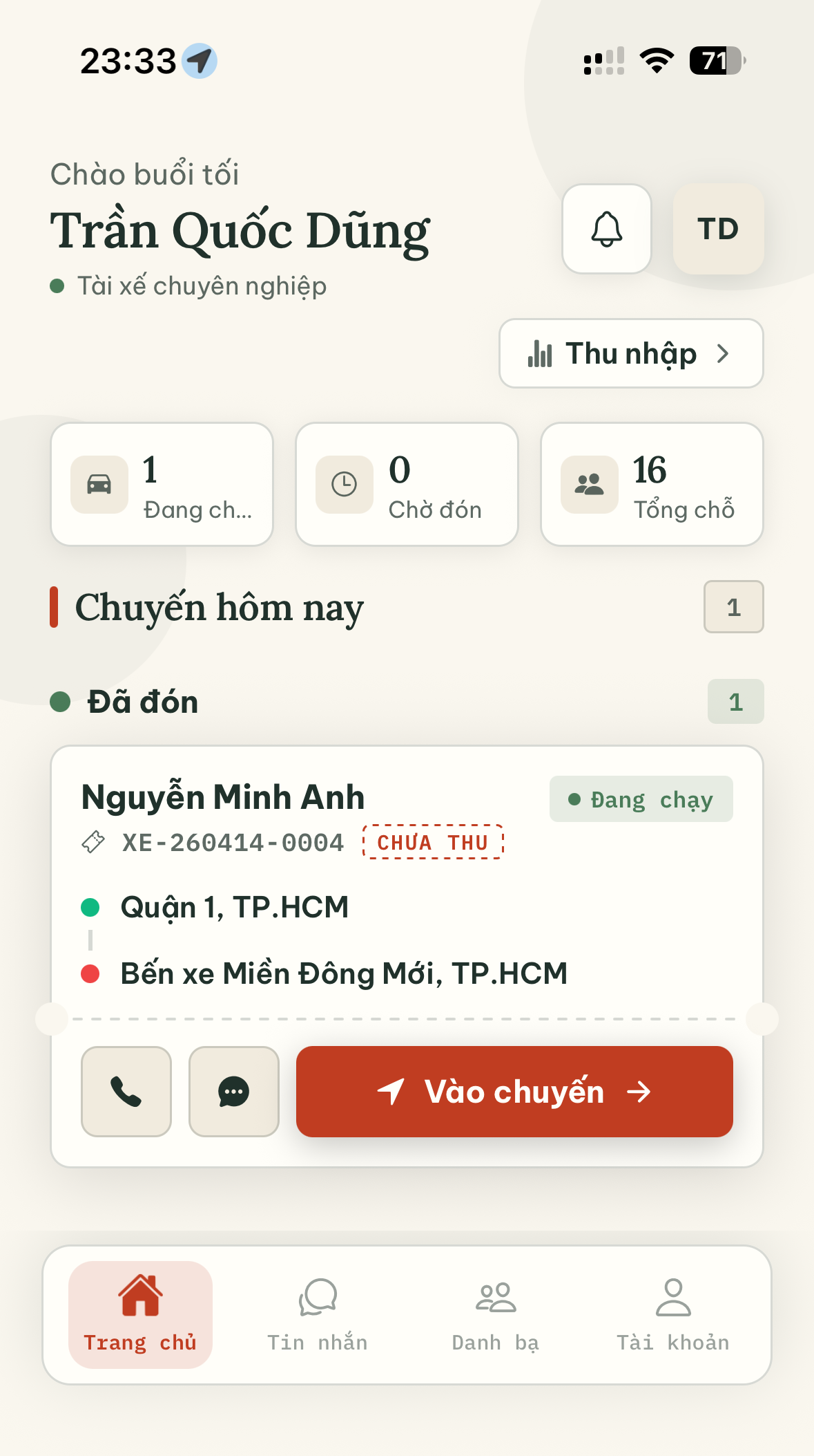 Trang đặt vé Sổ Chuyến trên điện thoại